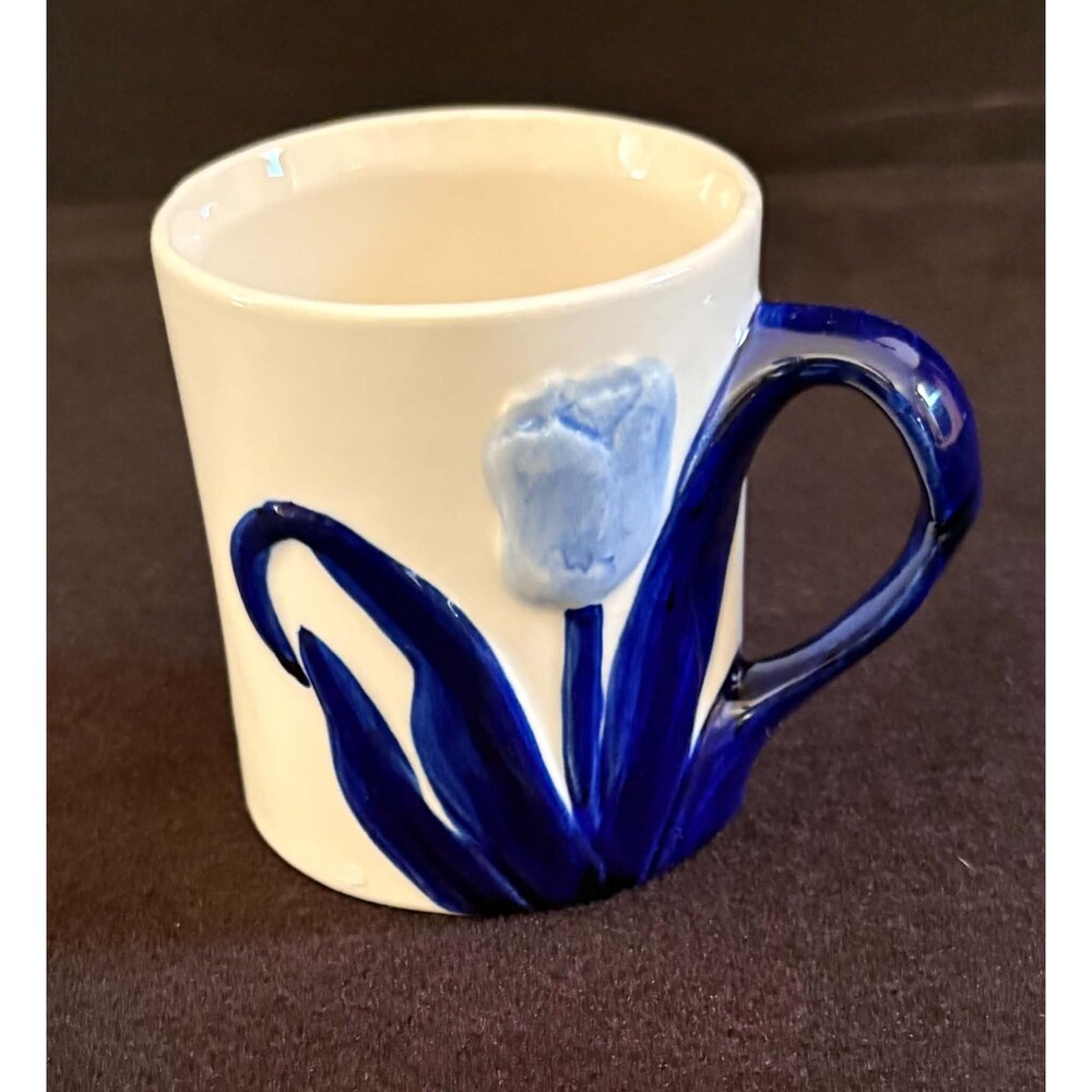 Delft Blue DAIC Tulip Mug Vintage 3D Relief Raised Handpainted Flower 3.5"